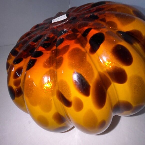Hand Blown Orange Brown Glass Pumpkin Long Stem Autumn 9" X 7" Thanksgiving - Picture 12 of 13